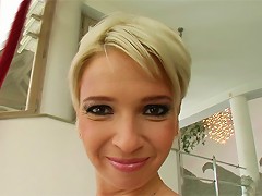 Joanna is a super cute short haired MILF with a crazy appetite for hard sex. Two guys go to work on her. She even does a