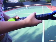 Vanessa Michaels takes a tennis lesson. Thing is her personal trai