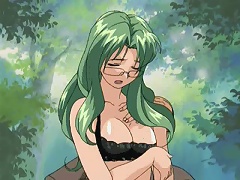 Green haired hentai bitch in glasses jumping a large pecker outdoors