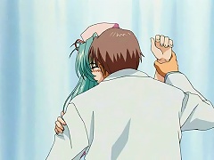Green haired anime nurse wanking her doctors huge cock
