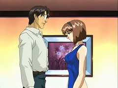 Brown haired anime chick getting tits and cunny teased by a mature dude