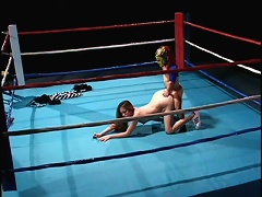 This hot brunette chick started as the referee for this two midgets who wrestle their ass off and ends up as the prize for the winn
